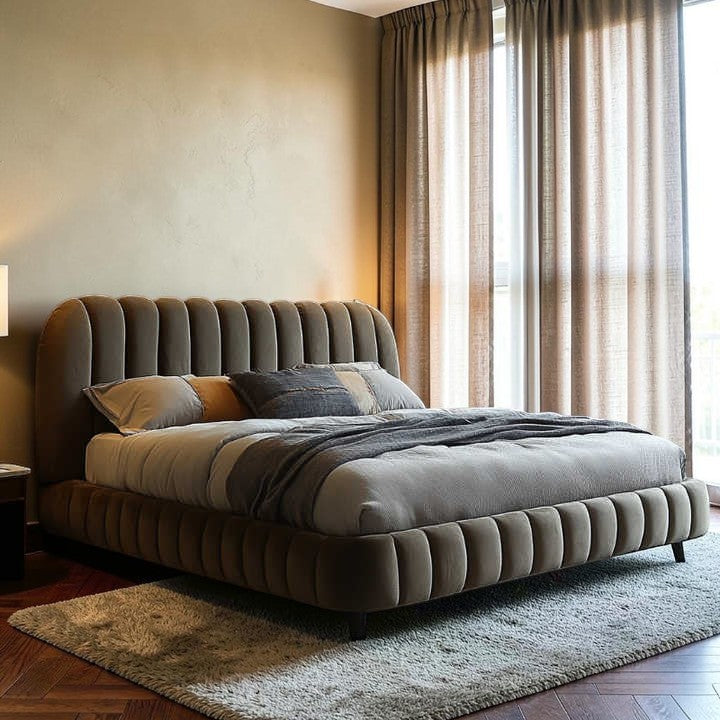 Homecrest luxurious brown velvet upholstered bed with a channel tufted headboard and footboard in a modern bedroom.