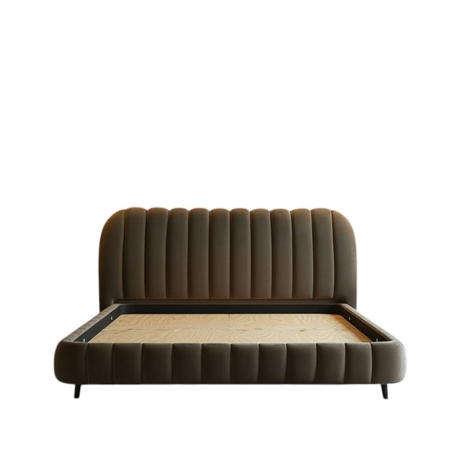 Homecrest luxurious brown velvet upholstered bed frame with a channel tufted headboard and footboard
