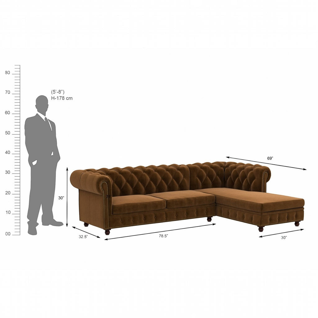 Homecrest brown velvet Chesterfield L-shape sofa with tufted back and nailhead trim, shown with dimension labels.