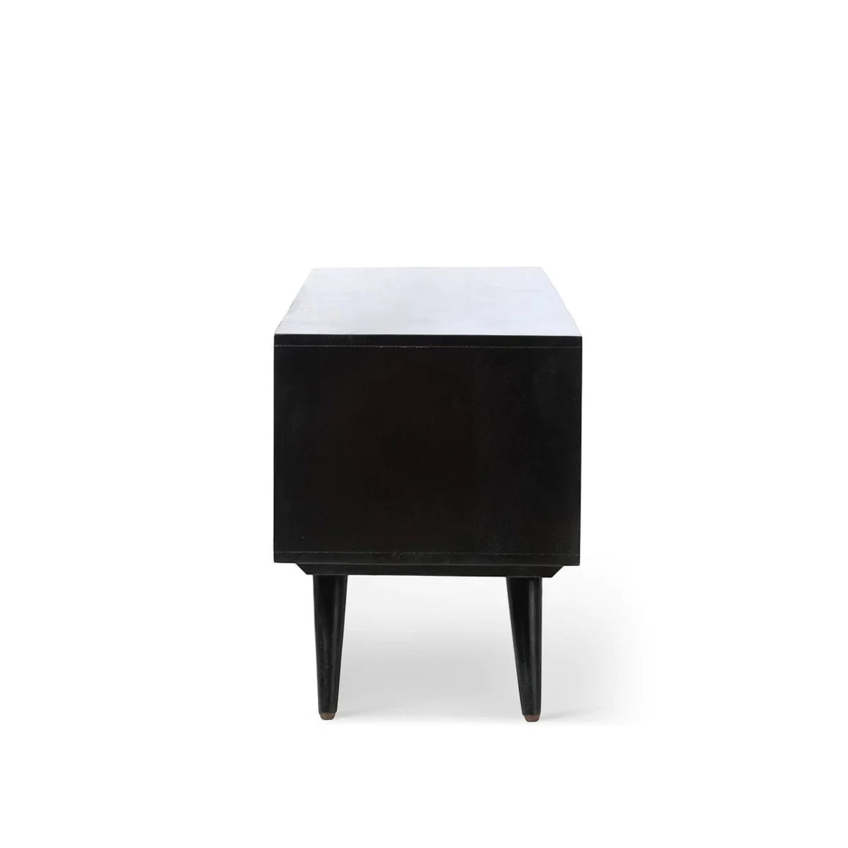 Homecrest Calder black solid mango wood media cabinet side view showing tapered legs and minimalist profile