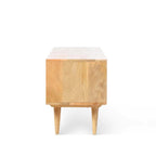 Homecrest Calder media cabinet side view in natural mango wood with tapered legs on a white background