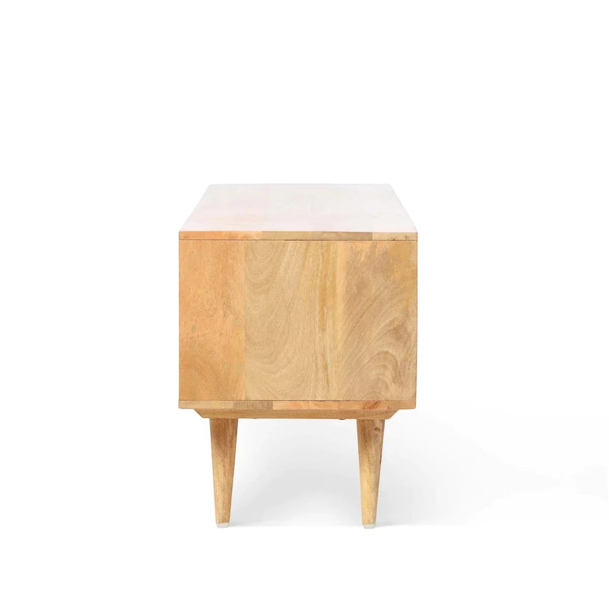 Homecrest Calder media cabinet side view in natural mango wood with tapered legs on a white background