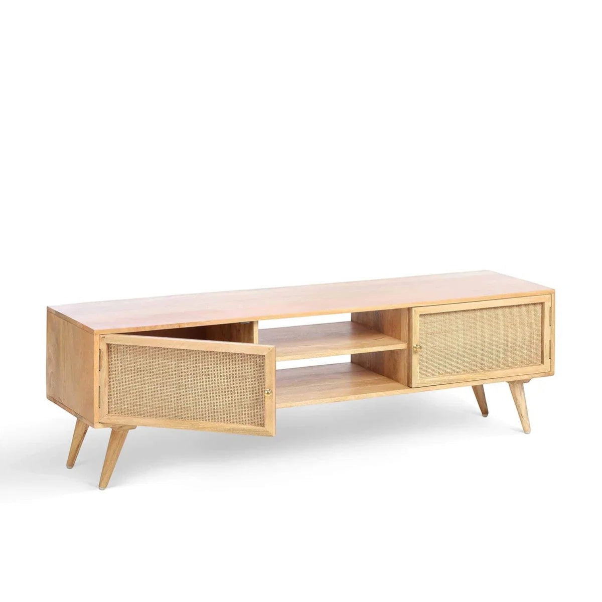 Homecrest Calder media cabinet in natural mango wood with rattan doors, central open shelving, and gold hardware.