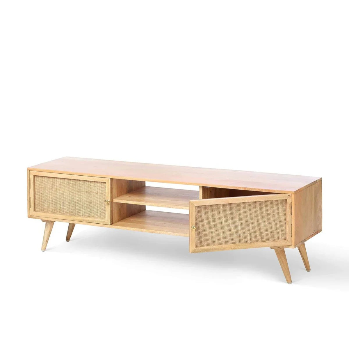 Homecrest Calder natural mango wood media cabinet with rattan-front doors, open central shelving, and gold hardware.