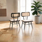 Homecrest mid-century modern dining chairs in charcoal teak wood with natural woven rattan wicker and light cushions.