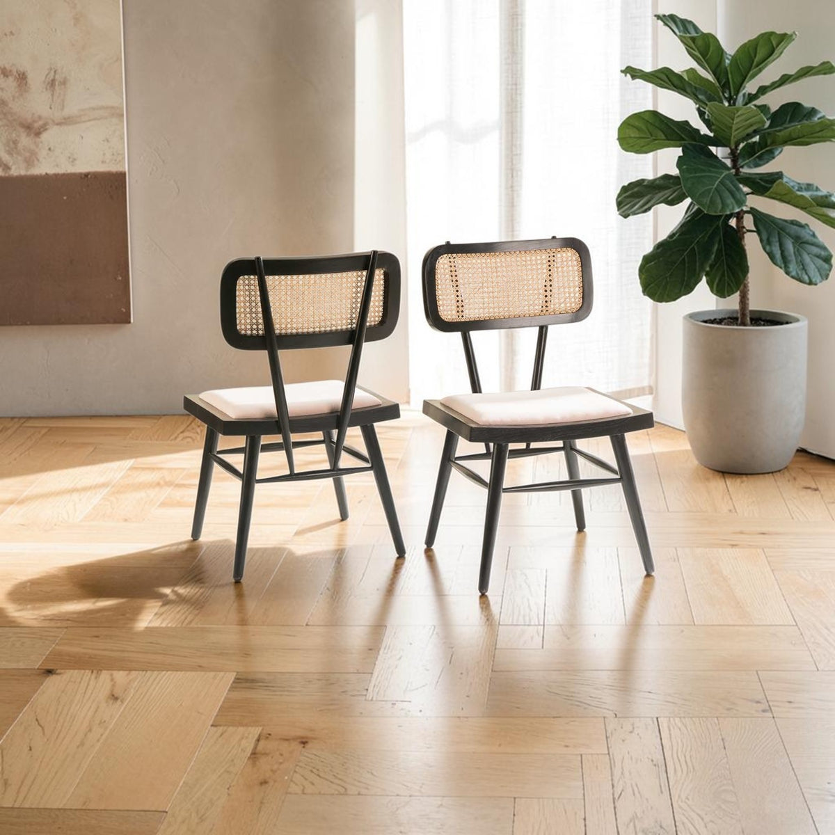Homecrest mid-century modern dining chairs in charcoal teak wood with natural woven rattan wicker and light cushions.