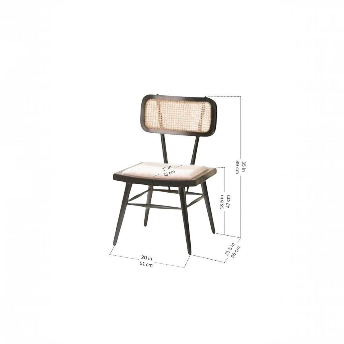 Homecrest mid-century modern charcoal teak wood and rattan wicker dining chair with dimensions shown