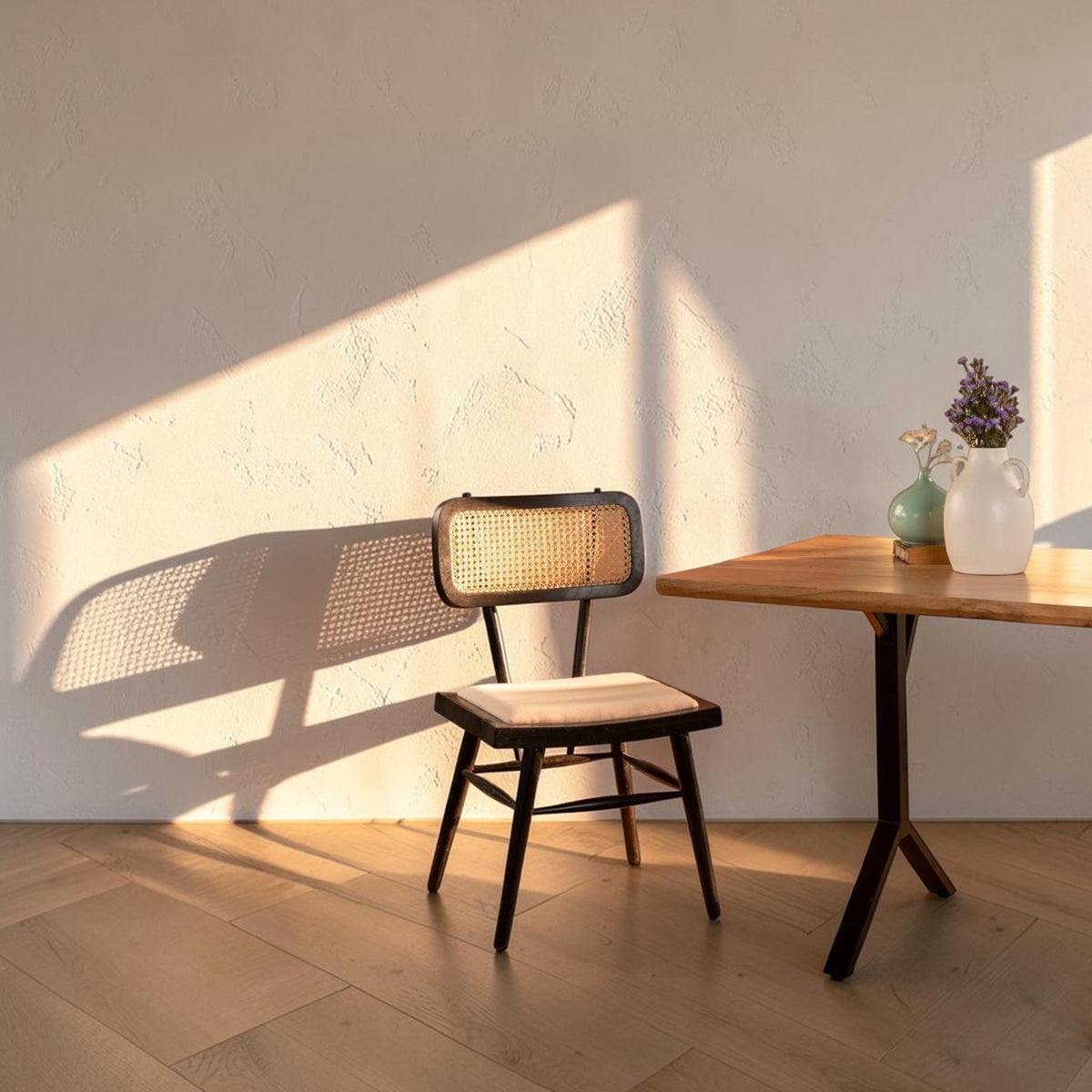 Homecrest mid-century modern charcoal teak wood and rattan wicker dining chair with a light upholstered seat cushion.