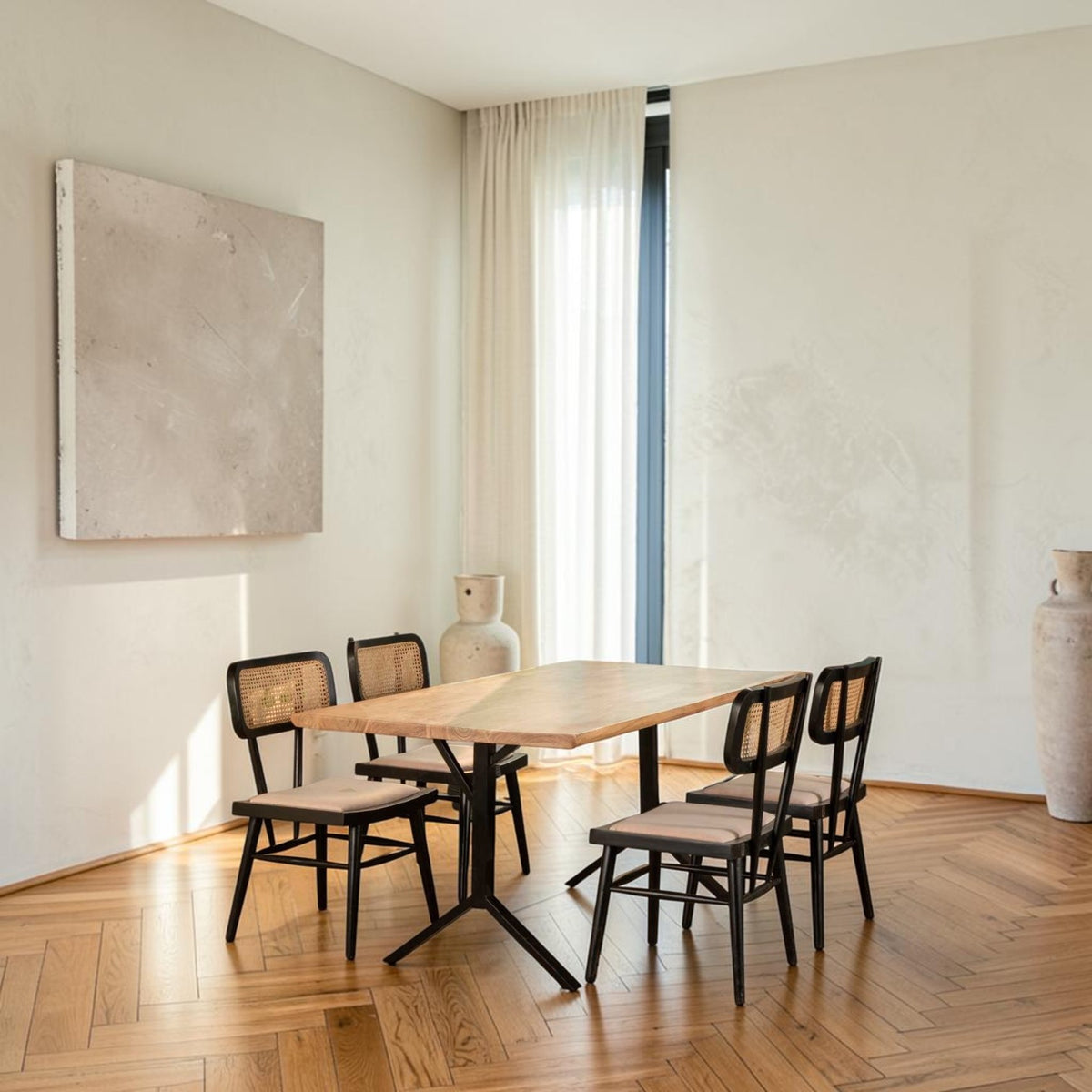 Homecrest mid-century modern dining chairs in charcoal black teak wood with hand-woven wicker backrests