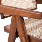 Homecrest Cavendish accent chair featuring natural teak wood frame with A-frame legs and woven rattan cane seat and back
