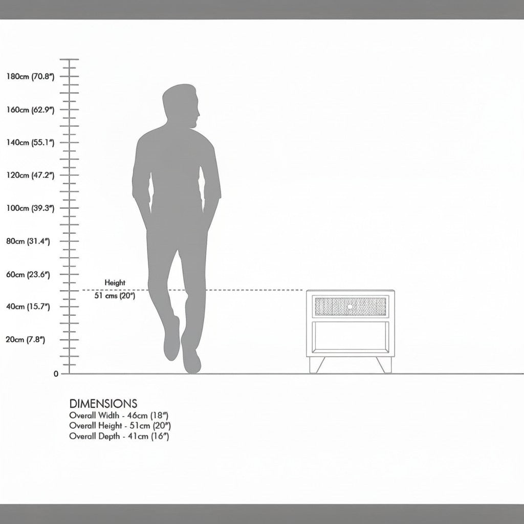 Homecrest Chalford bedside table dimension diagram showing 51cm height next to a human silhouette for scale