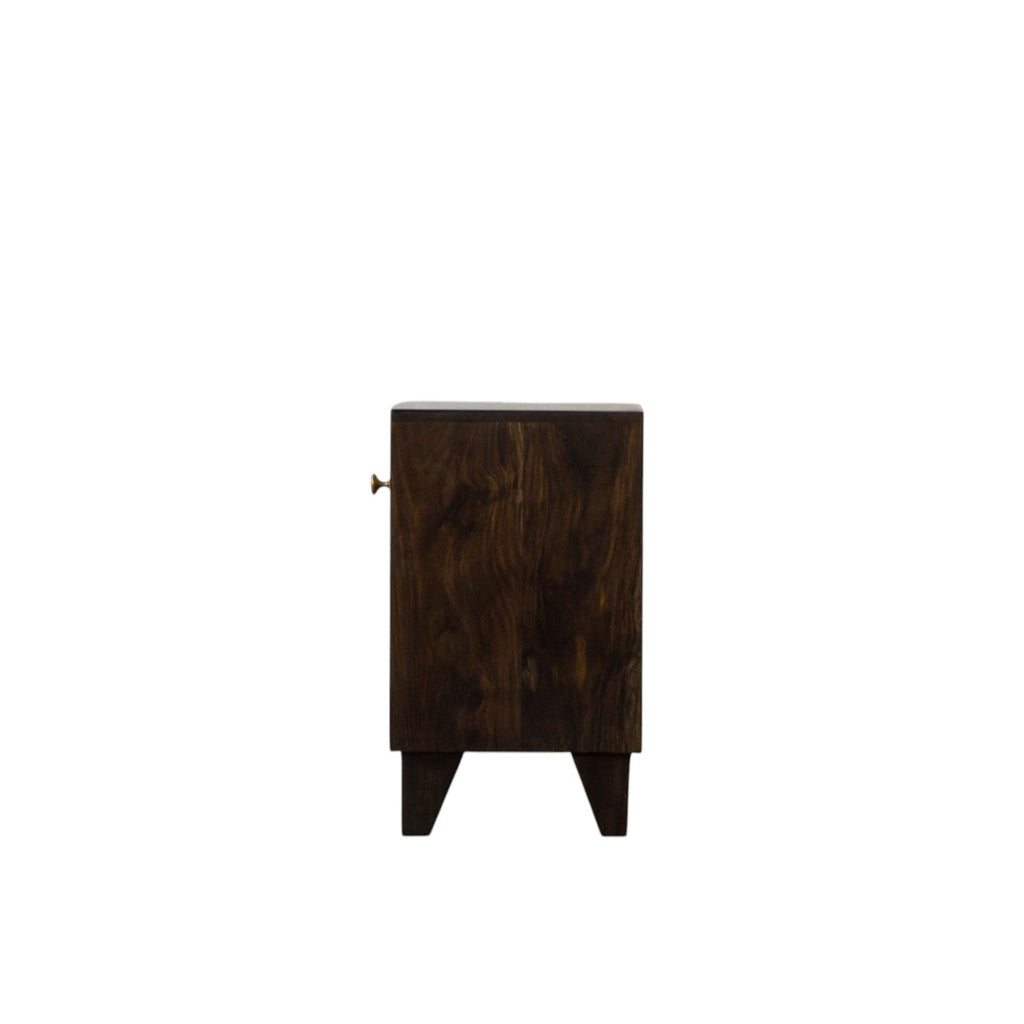 Homecrest Chalford bedside table in dark solid hardwood with a side view showing tapered legs and a small brass knob.