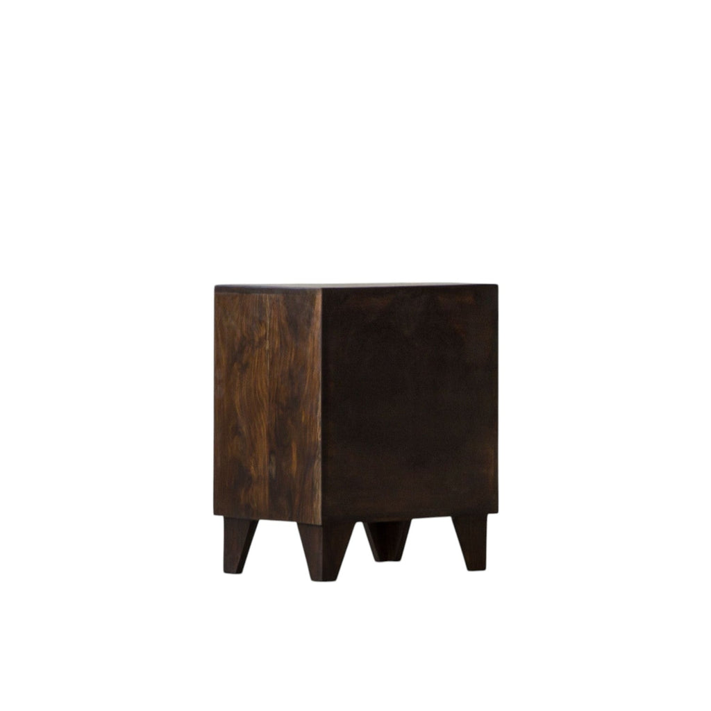 Homecrest Chalford bedside table in dark solid hardwood with a minimalist cube design and sturdy tapered legs