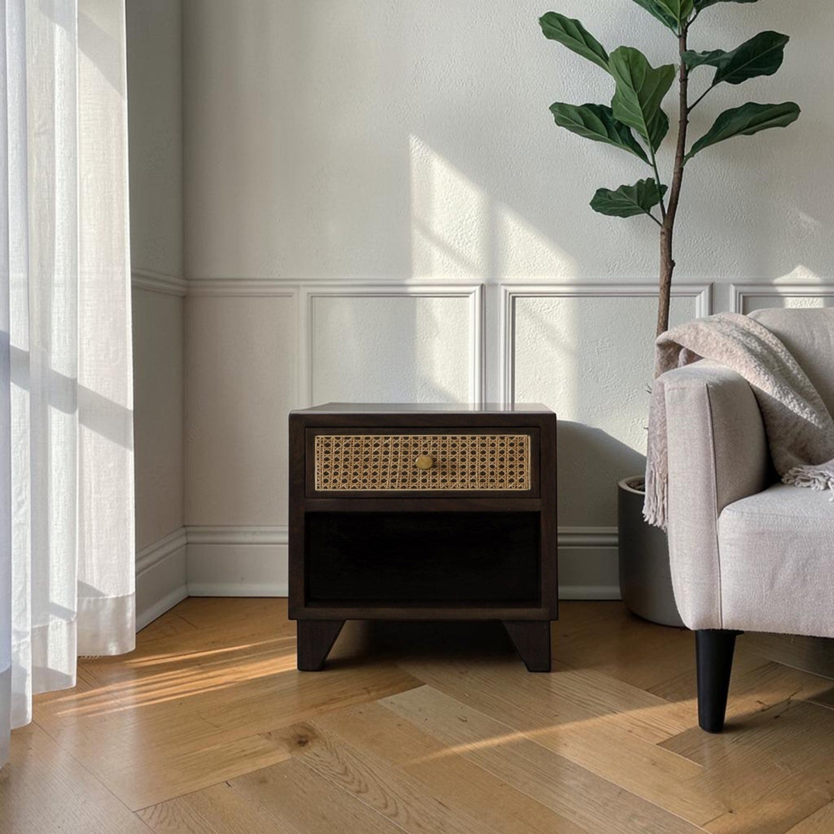 Homecrest Chalford bedside table in dark wood with a cane rattan drawer front and a small brass knob handle