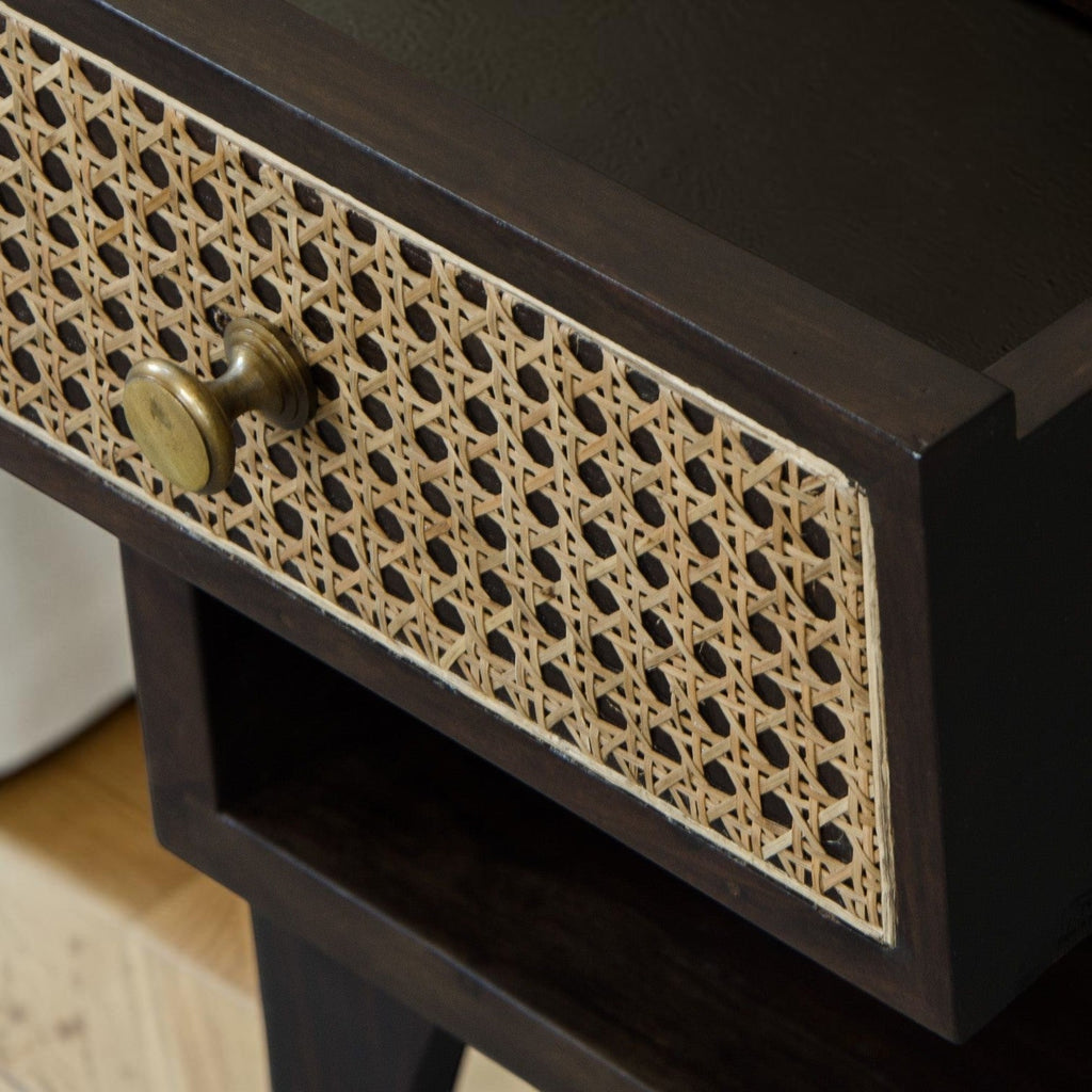 Homecrest Chalford bedside table in dark wood with a cane rattan drawer front and a round brass knob