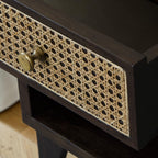 Homecrest Chalford bedside table in dark wood with a cane rattan drawer front and a round brass knob