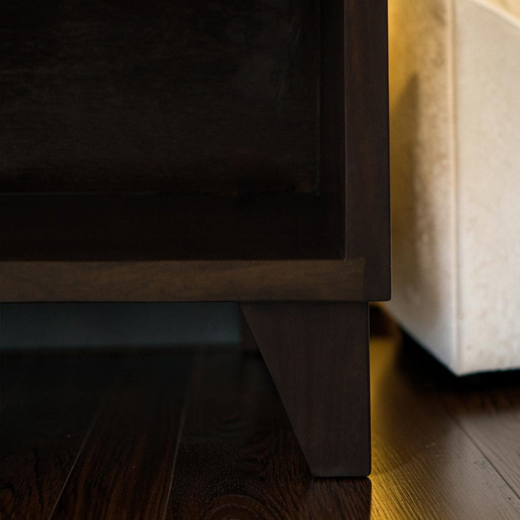Homecrest Chalford bedside table featuring dark solid hardwood construction and a sturdy tapered leg detail.