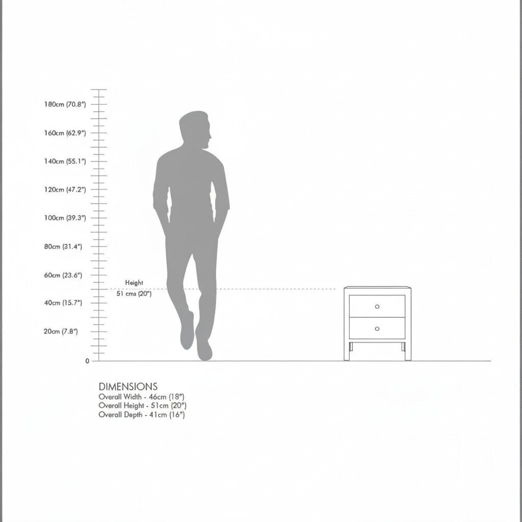 Homecrest Cranham bedside table dimension diagram showing a 51cm height next to a human silhouette for scale