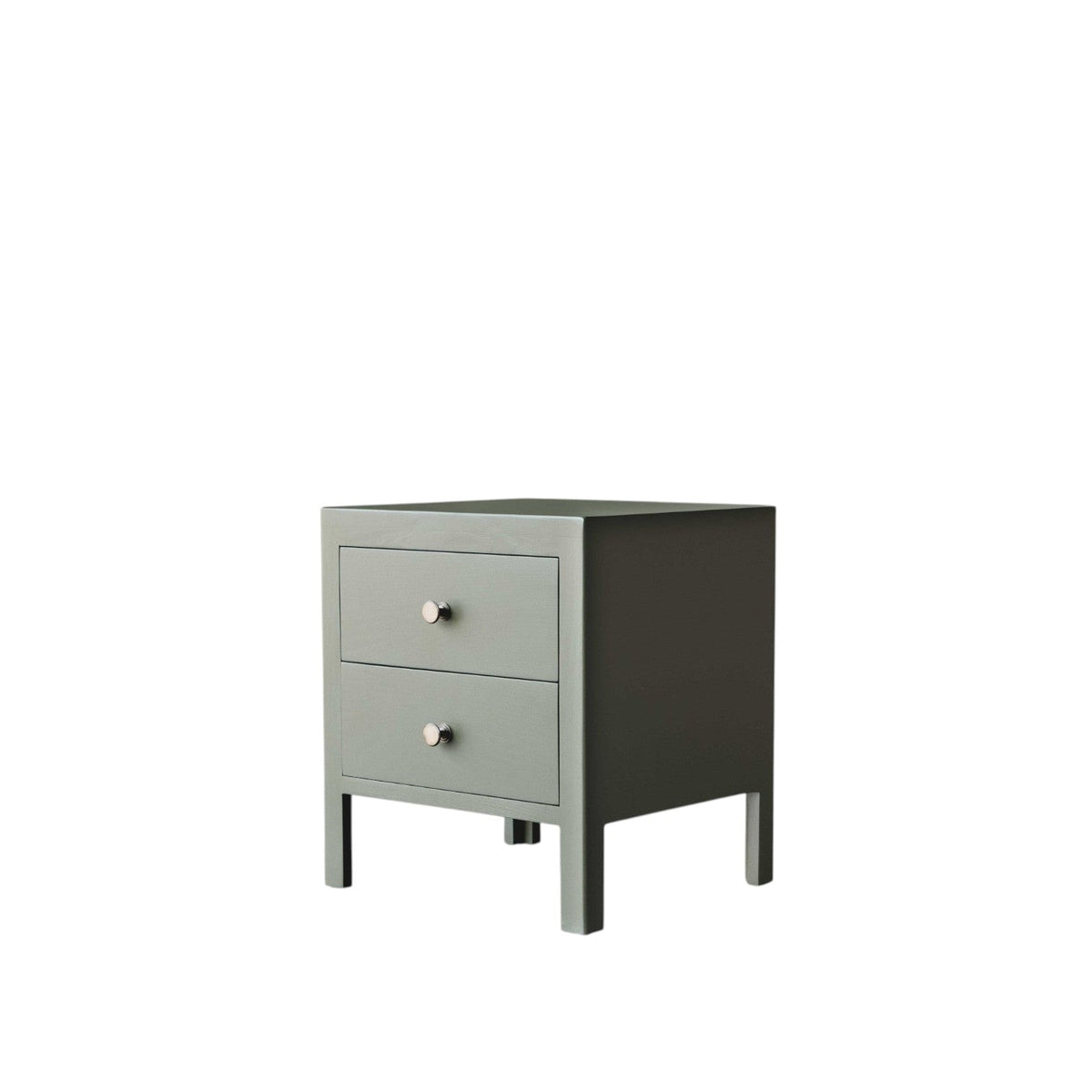 Homecrest Cranham bedside table in sage green hardwood with two drawers and silver knobs on a white background.