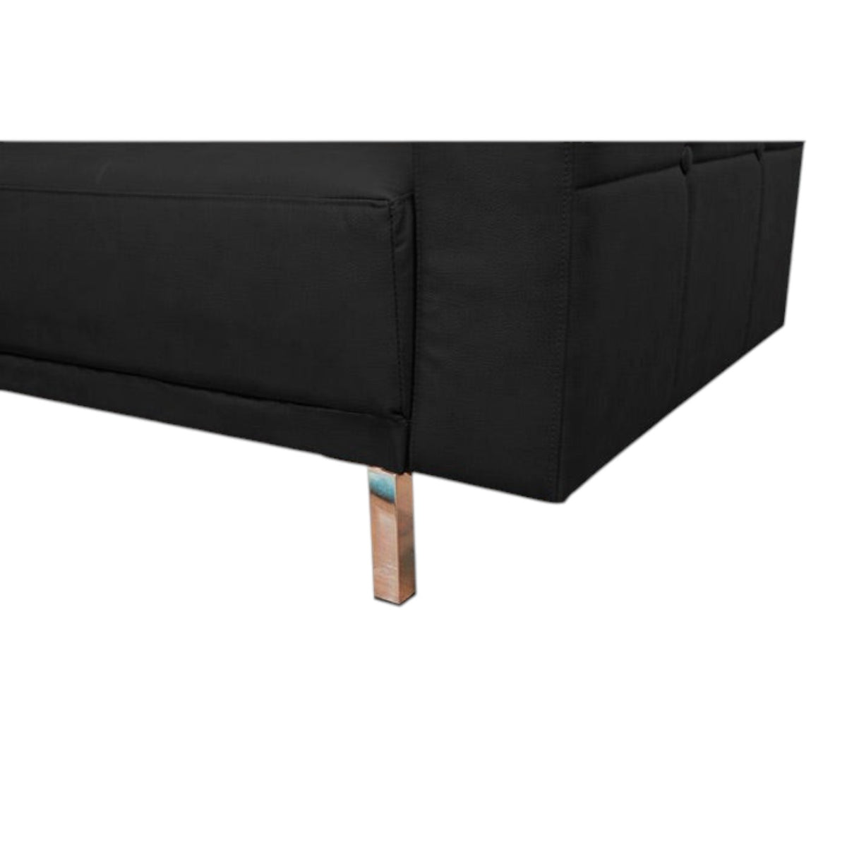 Homecrest Corbett black leatherette sofa cum bed featuring a sleek solid wood frame and modern metallic leg detail