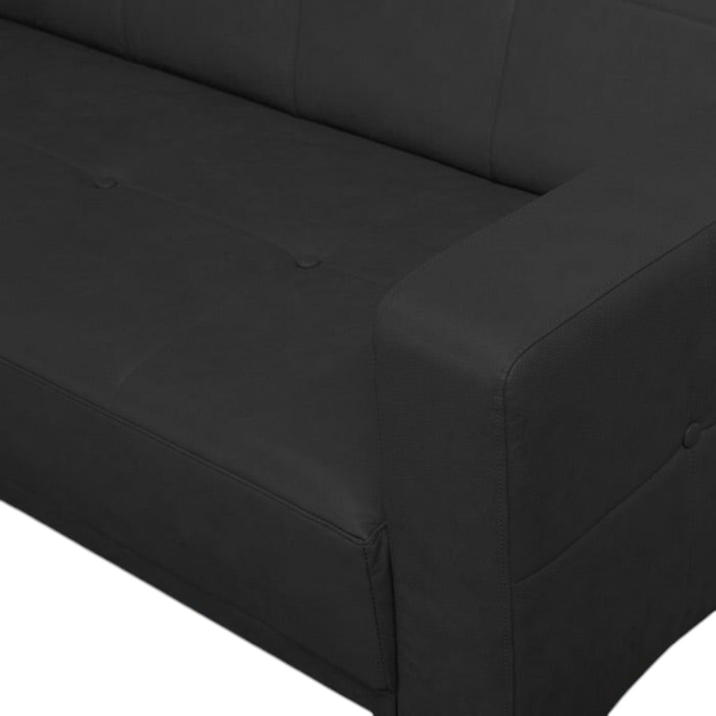 Homecrest Corbett black leatherette three-seater sofa bed with tufted detailing and solid wood frame