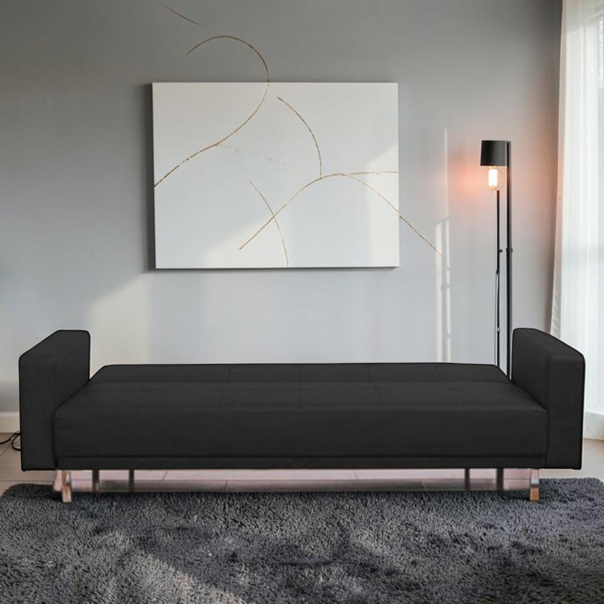 Homecrest Corbett black leatherette sofa cum bed in a modern living room setting with a solid wood frame.