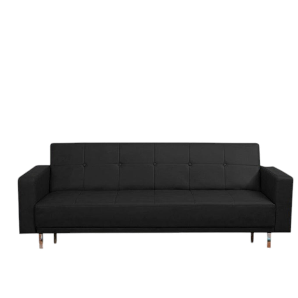 Homecrest Corbett three-seater black leatherette sofa bed with a solid wood frame and button-tufted backrest.