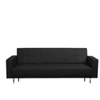 Homecrest Corbett three-seater black leatherette sofa bed with a solid wood frame and button-tufted backrest.