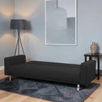 Homecrest Corbett black leatherette sofa cum bed in a modern living room setting with a floor lamp and side table.