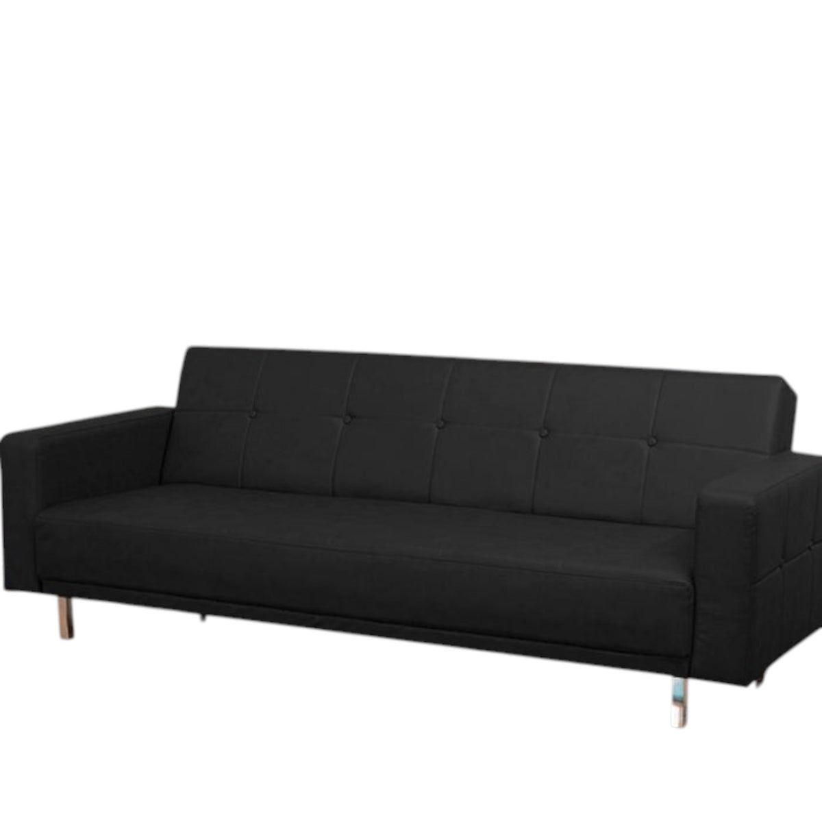 Homecrest Corbett three-seater sofa cum bed in black leatherette with a solid wood frame and tufted backrest