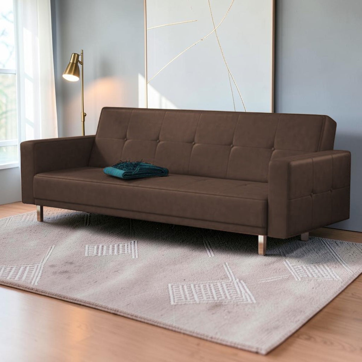 Homecrest Corbett brown leatherette three-seater sofa bed with tufted detailing on a solid wood frame