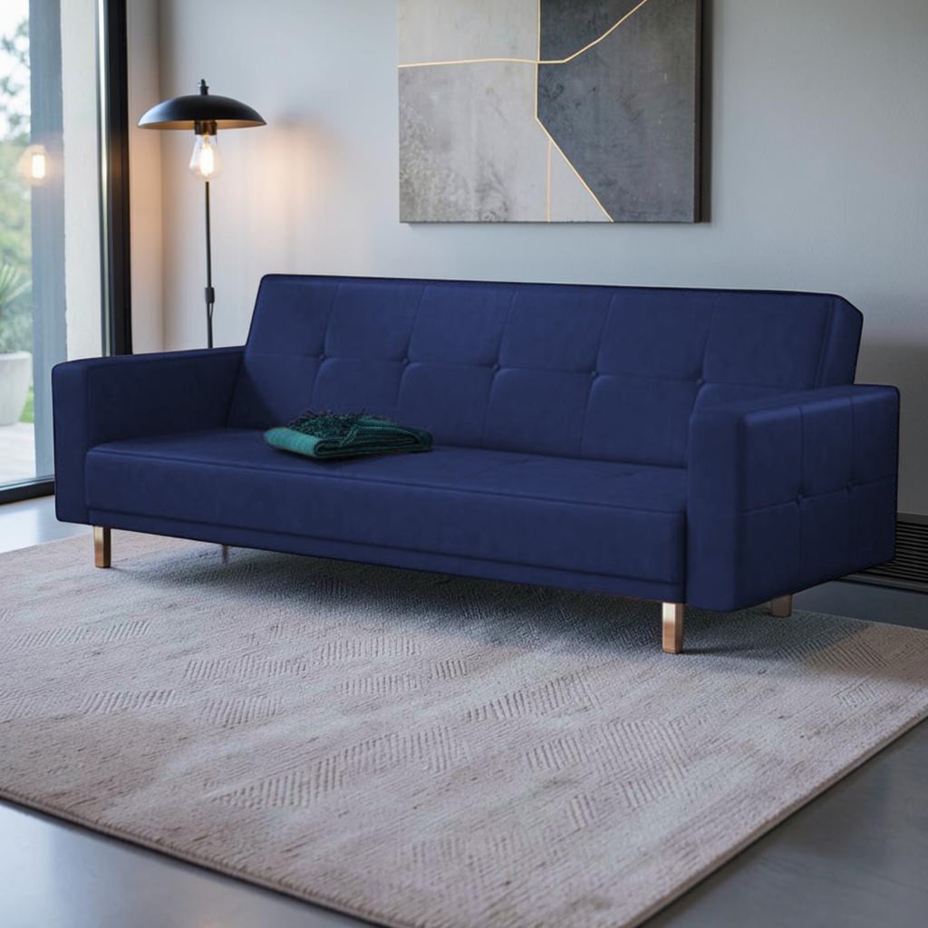 Homecrest Corbett navy blue leatherette three-seater sofa bed with solid wood frame in a modern living room
