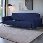 Homecrest Corbett navy blue leatherette three-seater sofa bed with solid wood frame in a modern living room