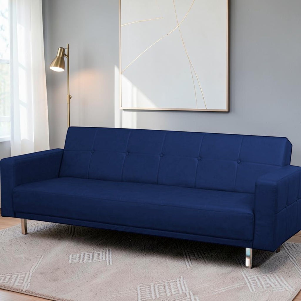 Homecrest Corbett navy blue leatherette three-seater sofa bed with tufted backrest and modern metal legs