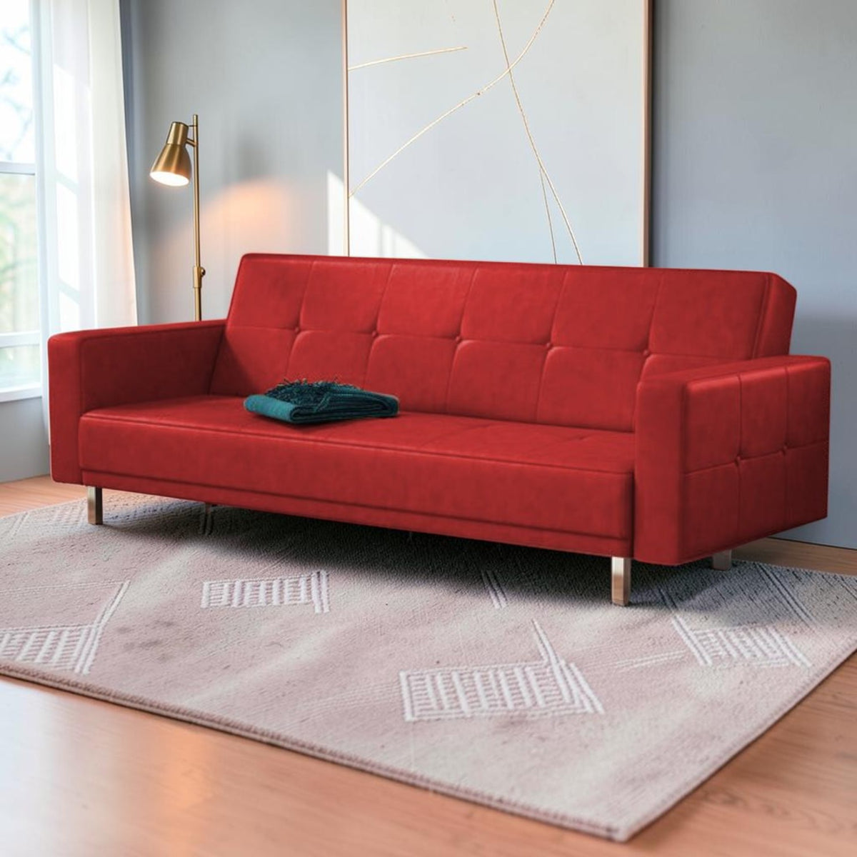 Homecrest Corbett red leatherette three-seater sofa cum bed with tufted detailing on a solid wood frame
