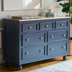 Homecrest Corin wide lowboy chest in blue with framed drawer fronts, natural wood top, and curved bun feet.
