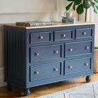 Homecrest Corin wide lowboy chest in dark blue painted finish with solid mango wood top and rustic wooden knobs.