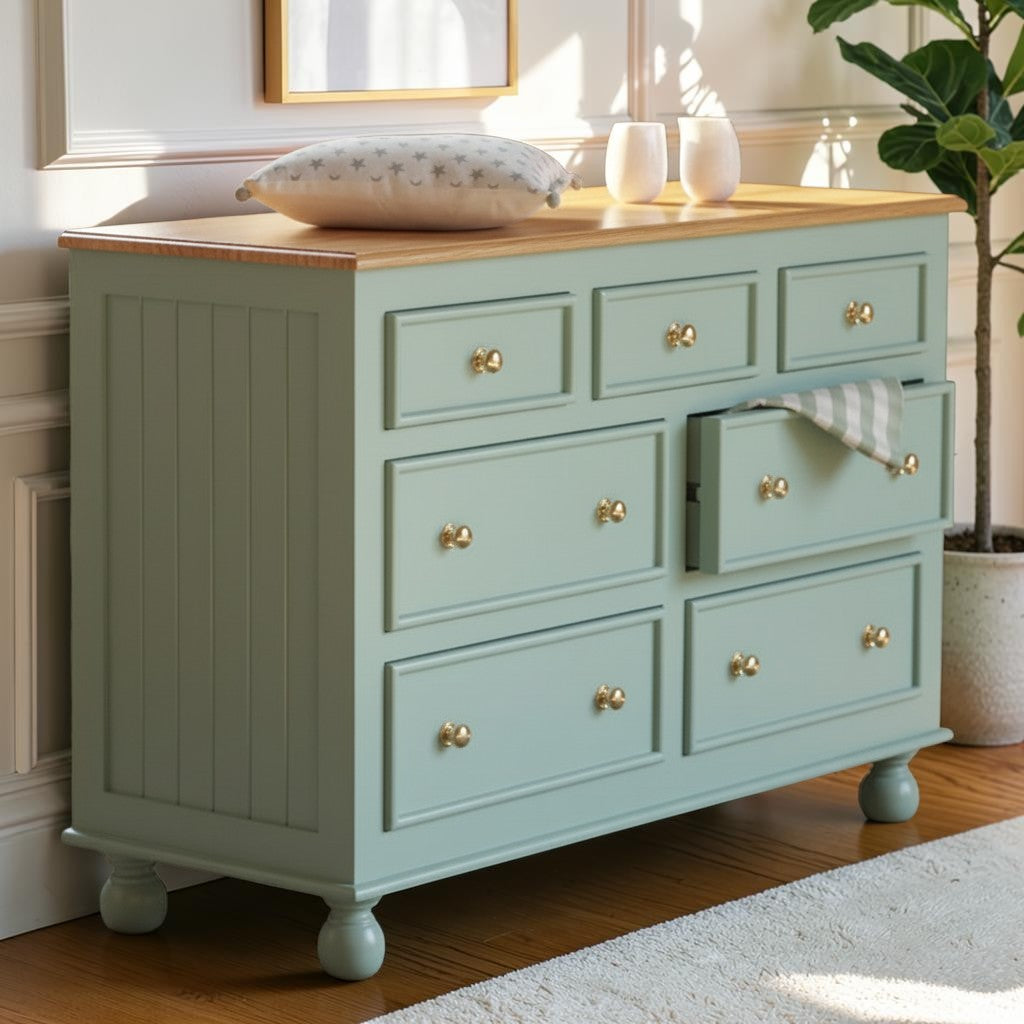 Homecrest Corin wide lowboy chest in sage green with framed drawer fronts, wooden knobs, and curved bun feet.