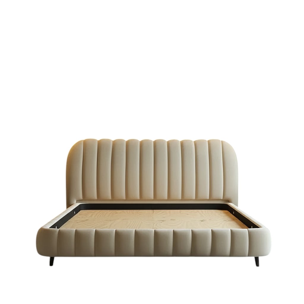 Homecrest luxurious cream velvet upholstered bed featuring a channel tufted headboard and footboard in a bedroom.