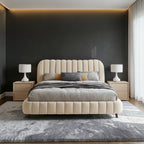Homecrest velvet upholstered bed featuring a cream channel-tufted headboard and footboard in a modern bedroom.