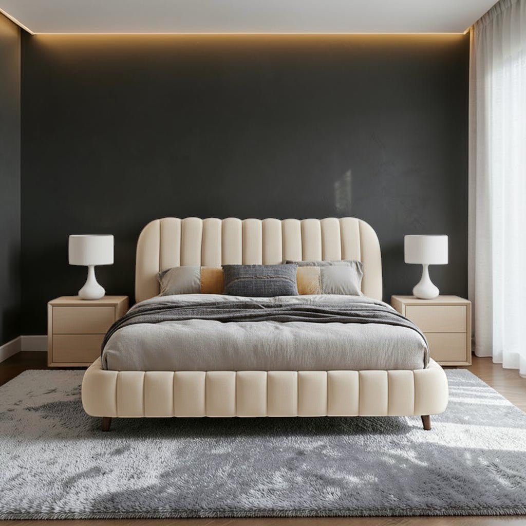 Homecrest velvet upholstered bed featuring a cream channel-tufted headboard and footboard in a modern bedroom.