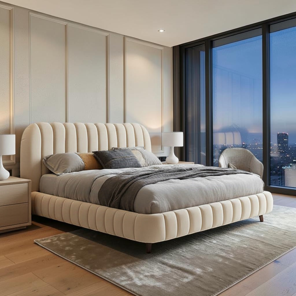 Homecrest luxurious cream velvet upholstered bed with channel tufted headboard and footboard in a modern bedroom.