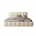 Homecrest luxurious cream velvet upholstered platform bed featuring a tufted headboard and footboard