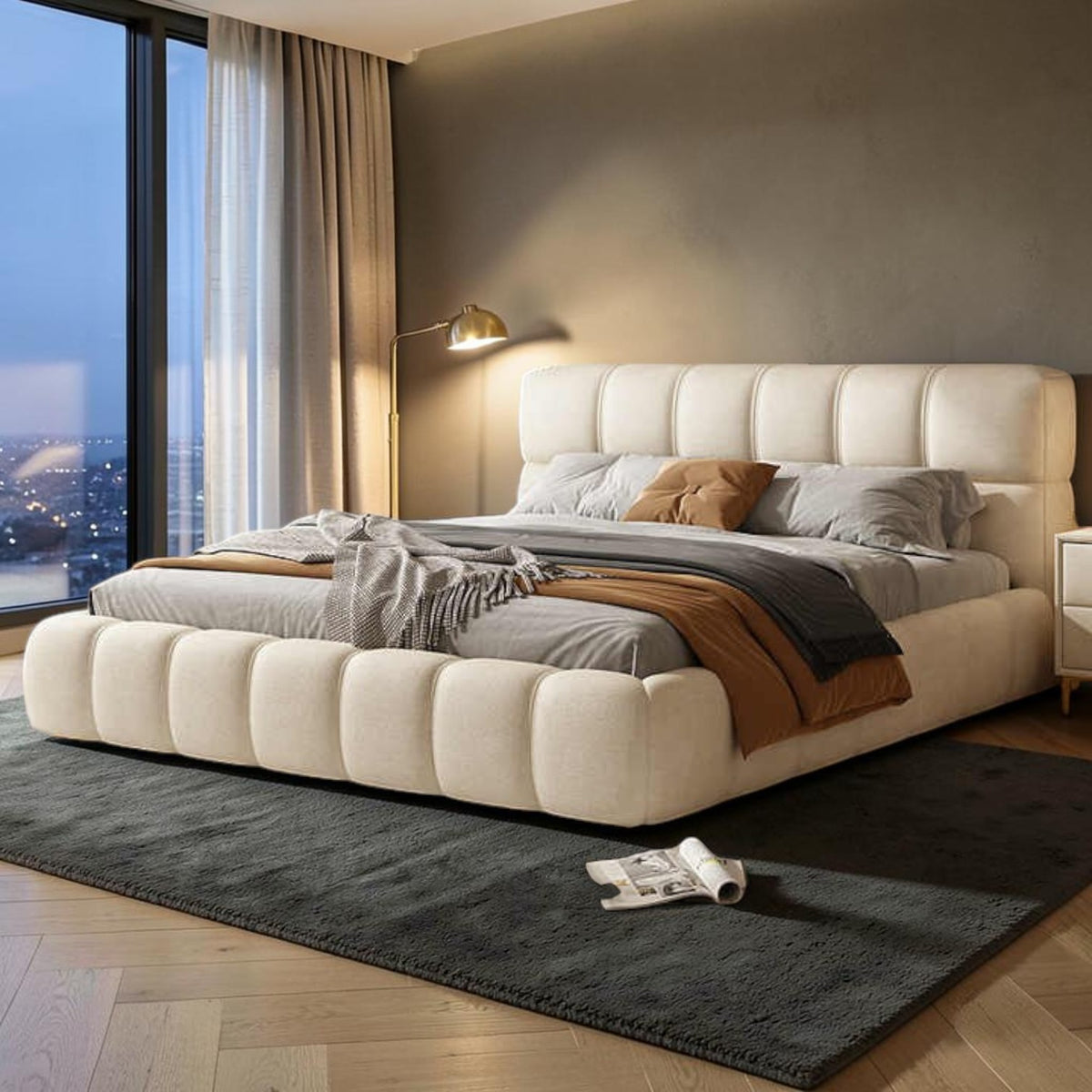 Homecrest cream velvet upholstered platform bed with a tufted headboard and footboard in a modern bedroom setting.