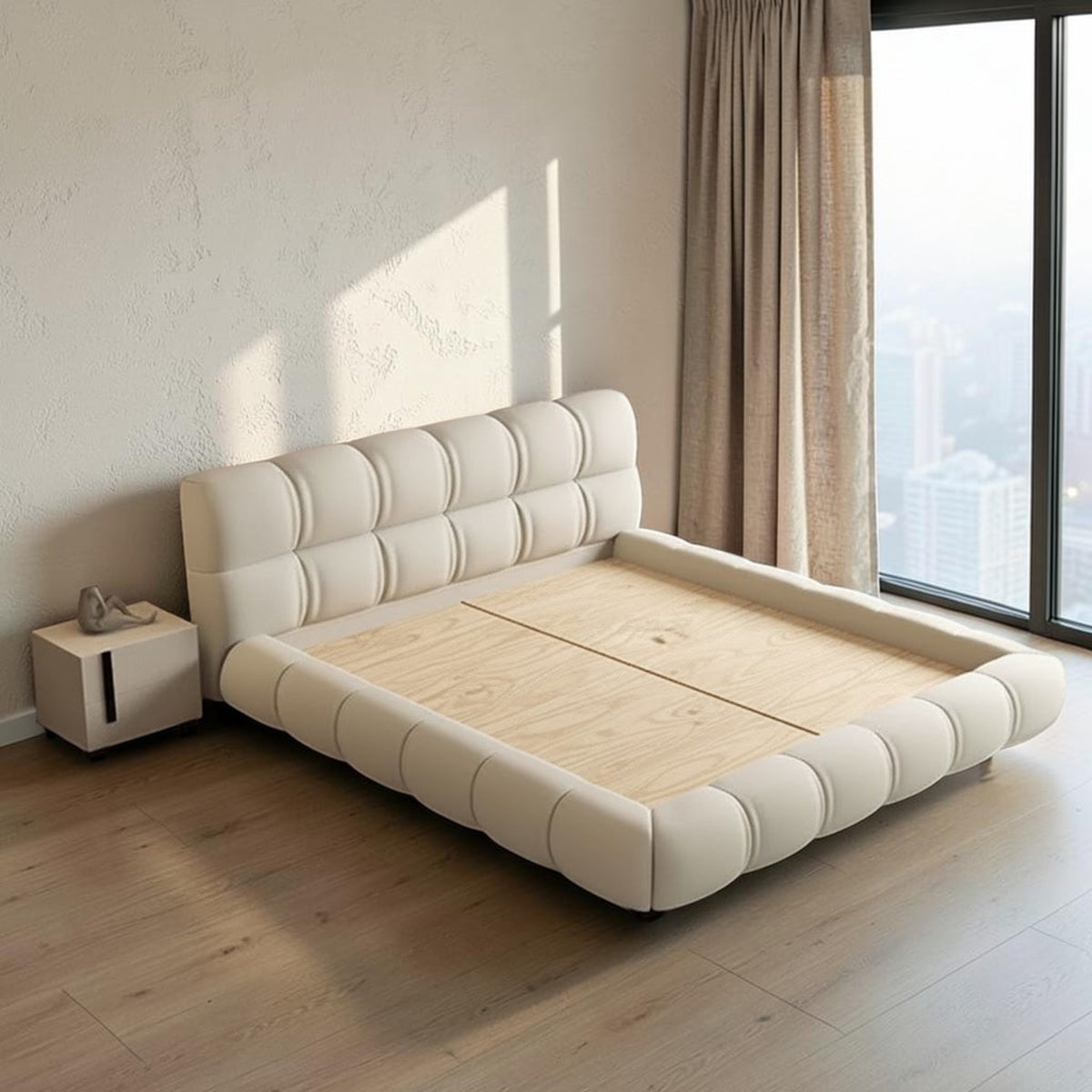Homecrest cream velvet upholstered platform bed featuring a tufted headboard and footboard in a modern bedroom.