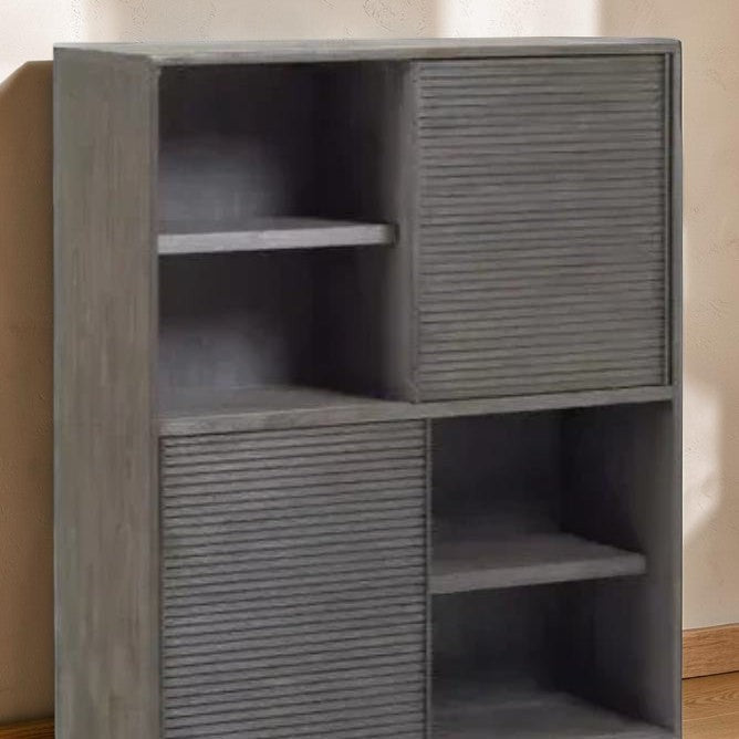 Homecrest Dara open mango wood bookshelf in dark brown with ribbed sliding cabinet doors and open shelving.