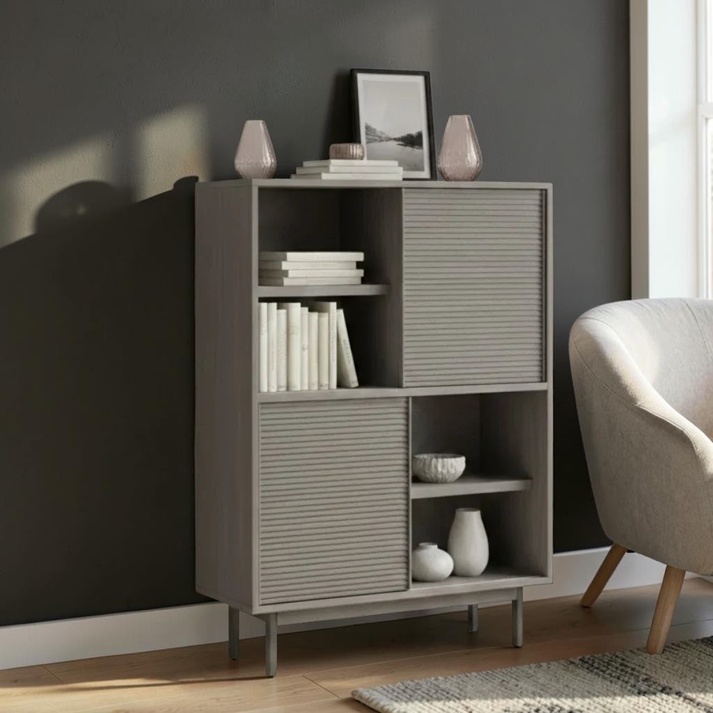 Homecrest Dara open mango wood bookshelf in dark brown with textured sliding doors and spacious storage shelving.