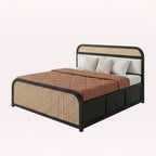 Homecrest dark wood platform bed with natural woven cane panels on the headboard and footboard and under-bed storage.