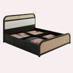 Homecrest dark wood platform bed with woven cane panels and integrated under-bed storage compartments.