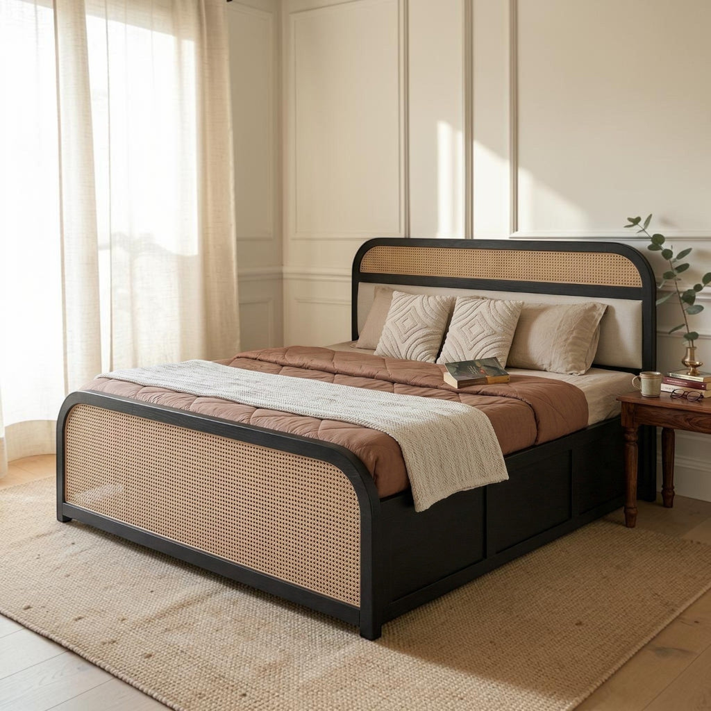 Homecrest dark wood platform bed with woven cane headboard and footboard featuring integrated under-bed storage.